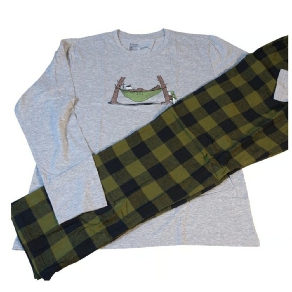 Columbia Pajama Pants Set Men Medium Long Sleeve Shirt Hammock Graphic Olive
